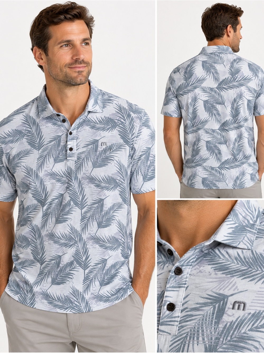 TravisMathew Men’s XXL Palm Tropical Print Golf Polo Shirt Gray White